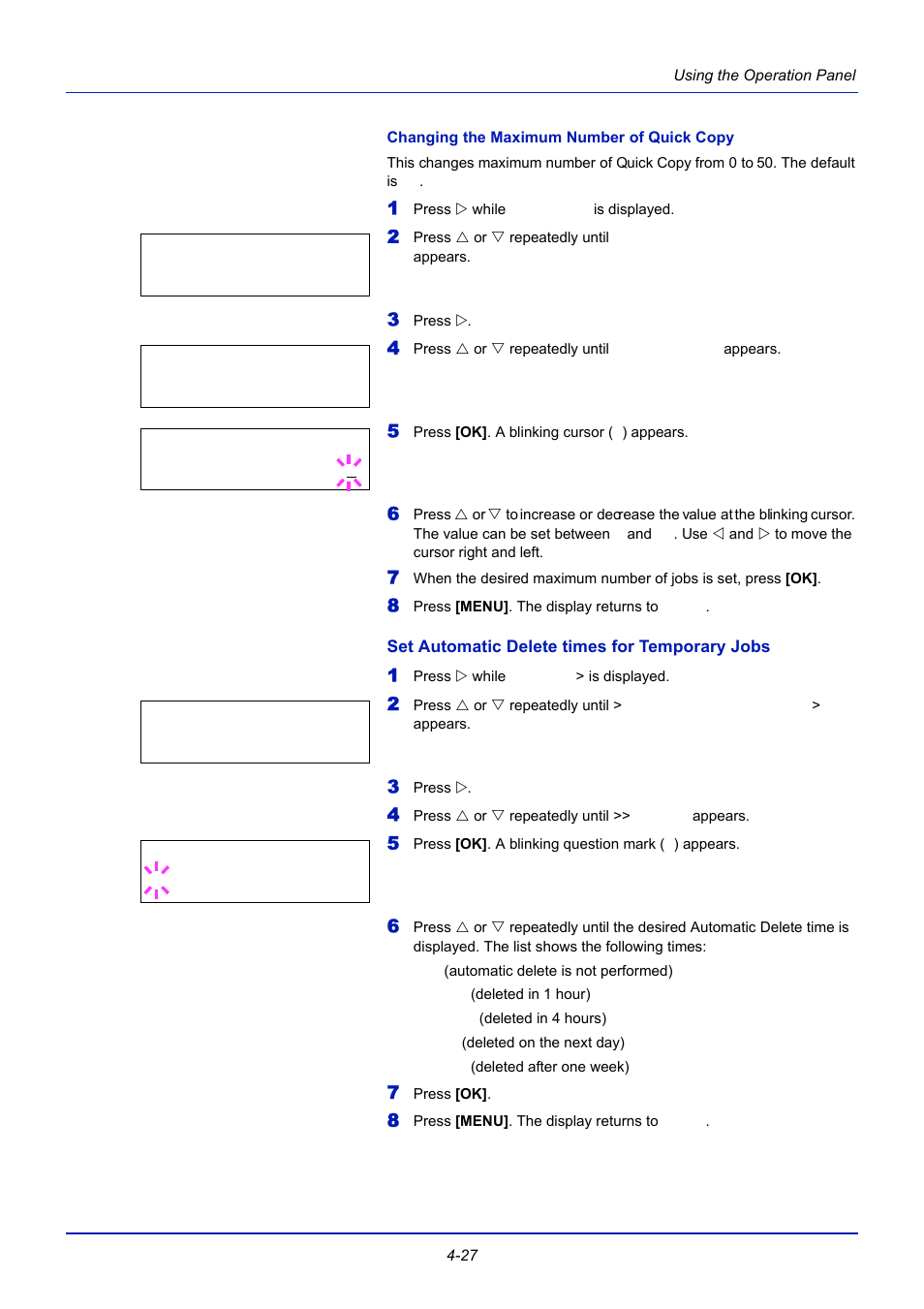 Changing the maximum number of quick copy, Set automatic delete times for temporary jobs | TA Triumph-Adler CLP 4721 User Manual | Page 86 / 197