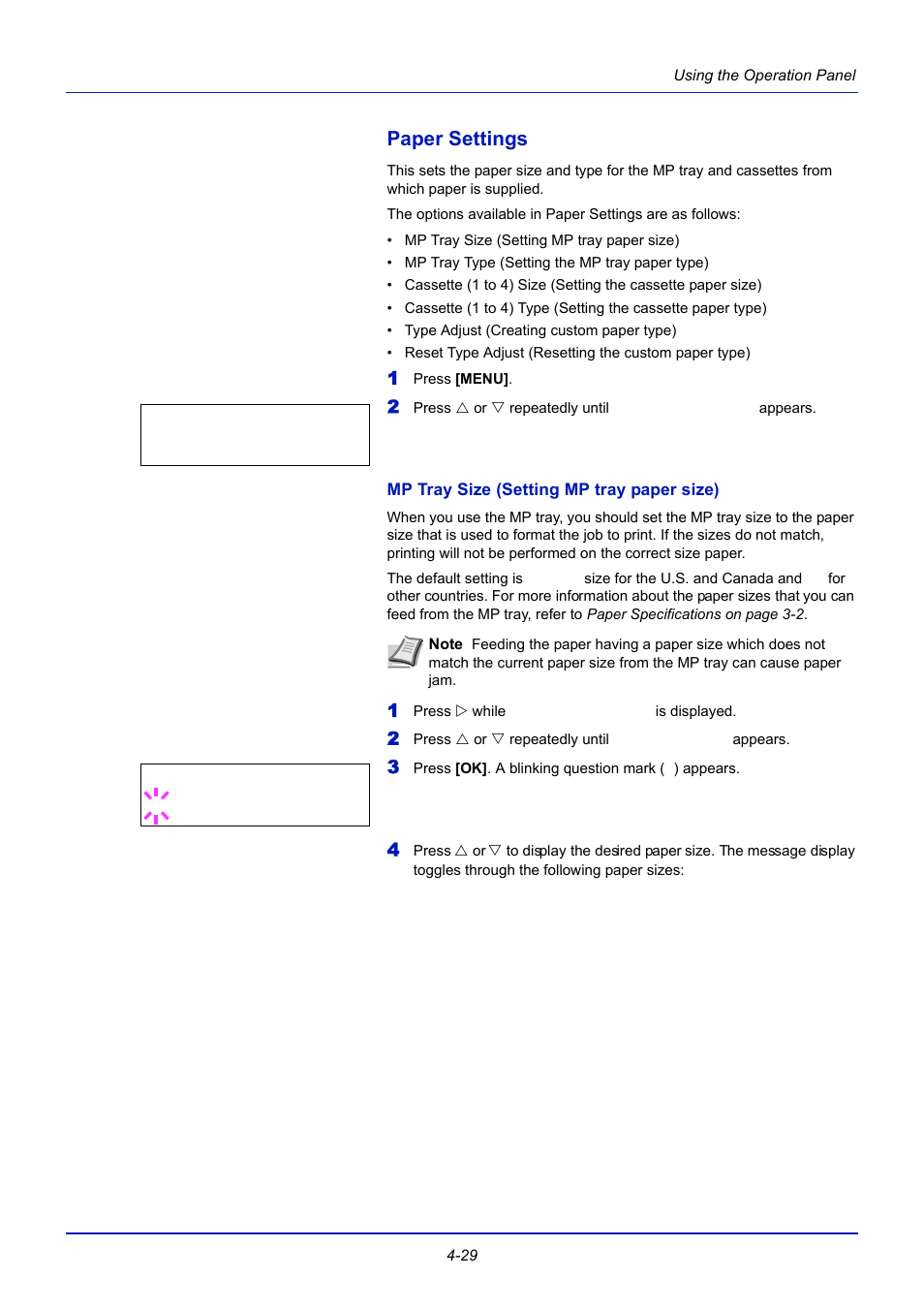 Paper settings, Mp tray size (setting mp tray paper size), Paper settings -29 | TA Triumph-Adler CLP 4721 User Manual | Page 88 / 197