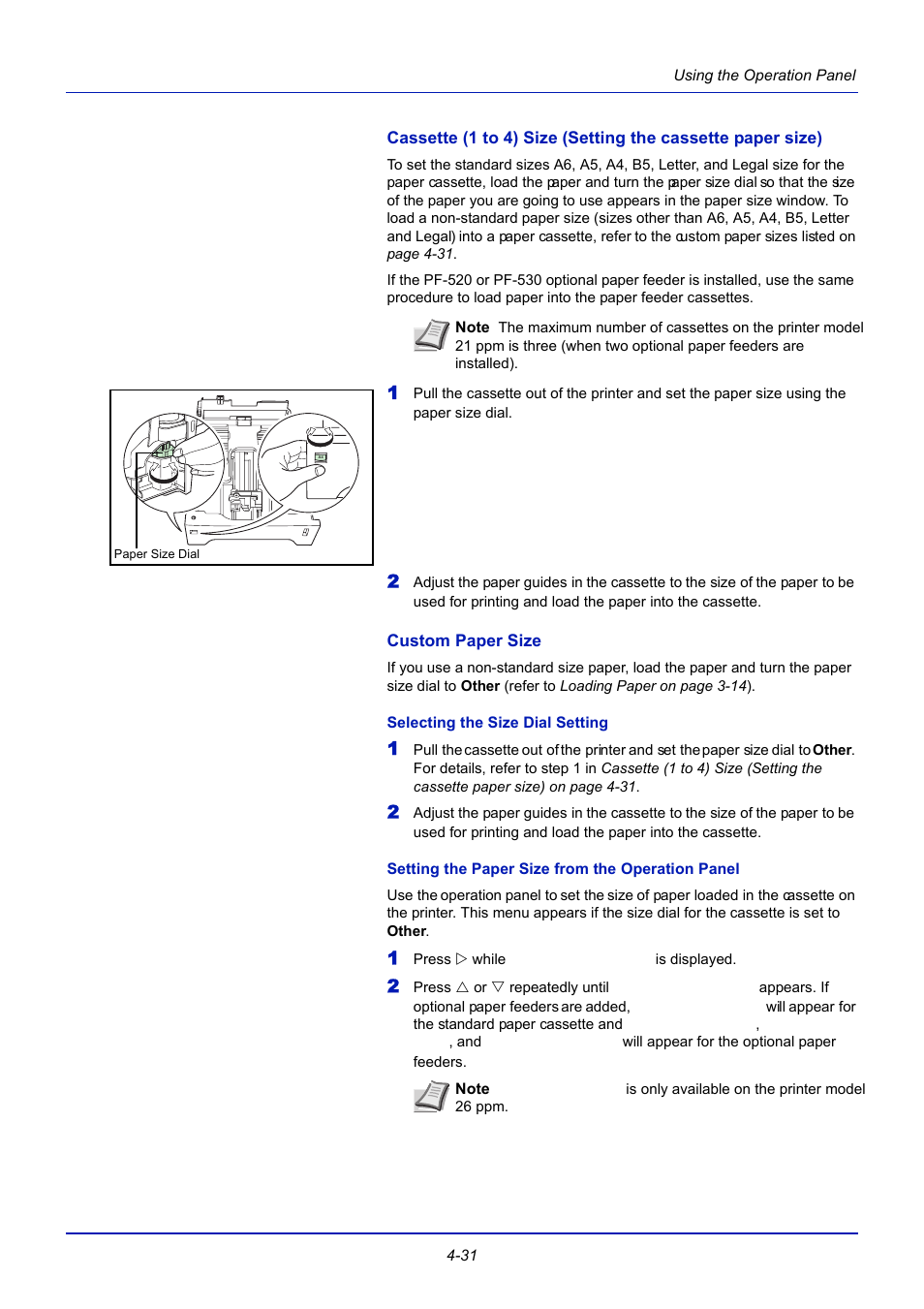 Custom paper size, Selecting the size dial setting, Setting the paper size from the operation panel | TA Triumph-Adler CLP 4721 User Manual | Page 90 / 197