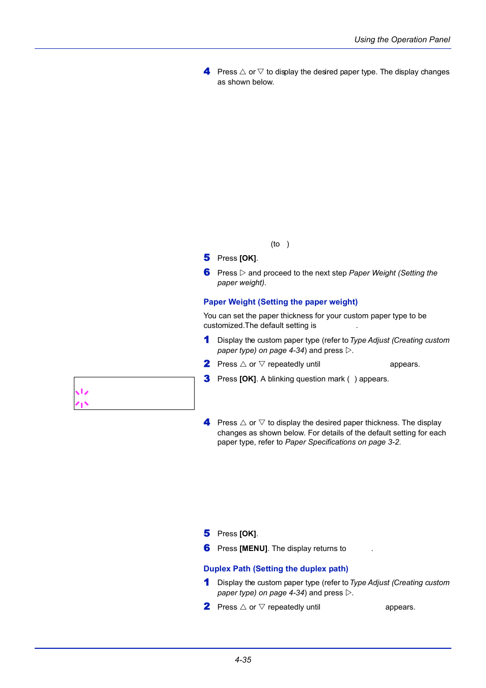 Paper weight (setting the paper weight), Duplex path (setting the duplex path), Efer to paper weight | TA Triumph-Adler CLP 4721 User Manual | Page 94 / 197