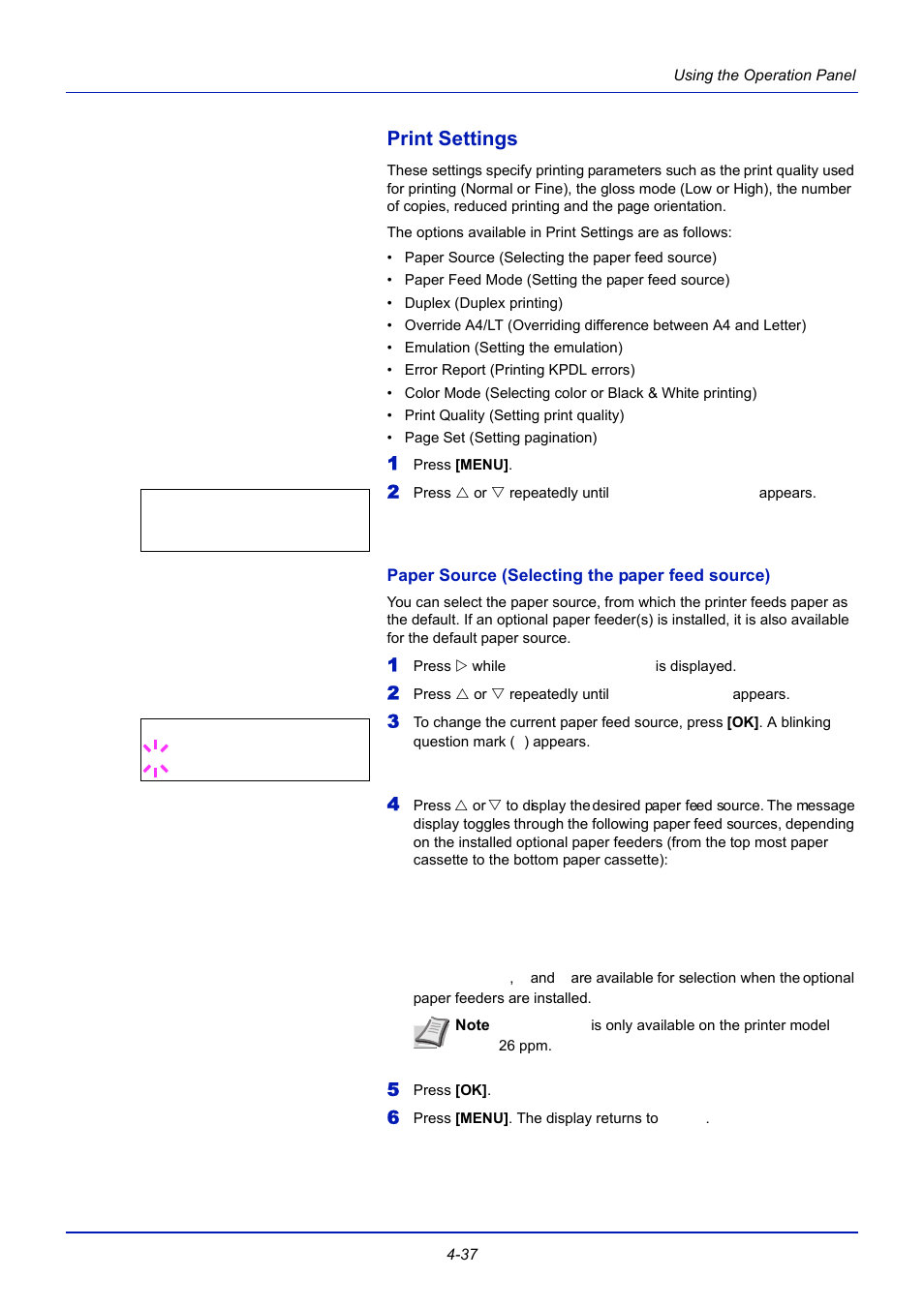 Print settings, Paper source (selecting the paper feed source), Print settings -37 | TA Triumph-Adler CLP 4721 User Manual | Page 96 / 197