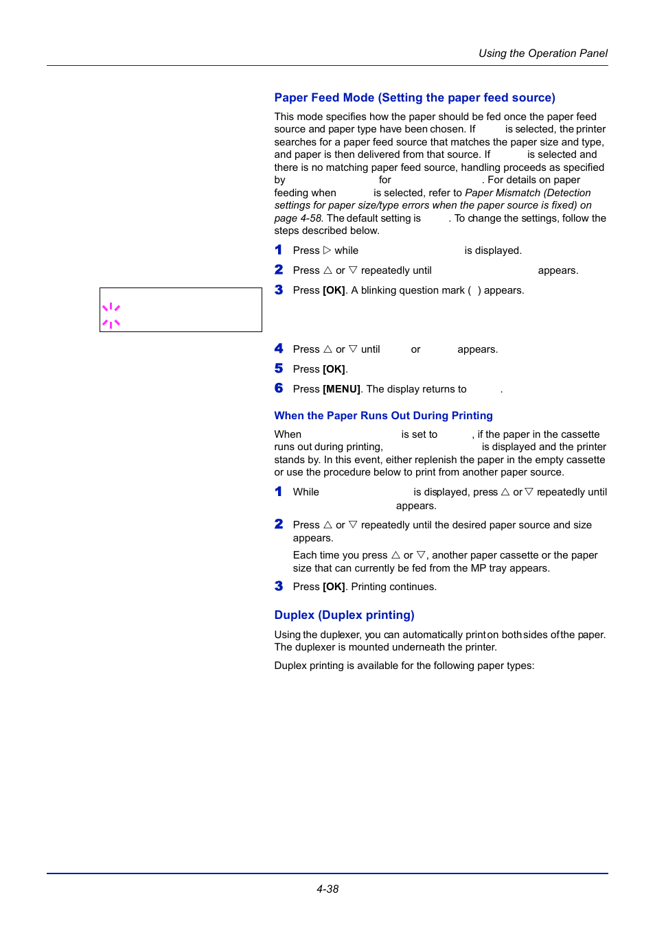 Paper feed mode (setting the paper feed source), When the paper runs out during printing, Duplex (duplex printing) | TA Triumph-Adler CLP 4721 User Manual | Page 97 / 197