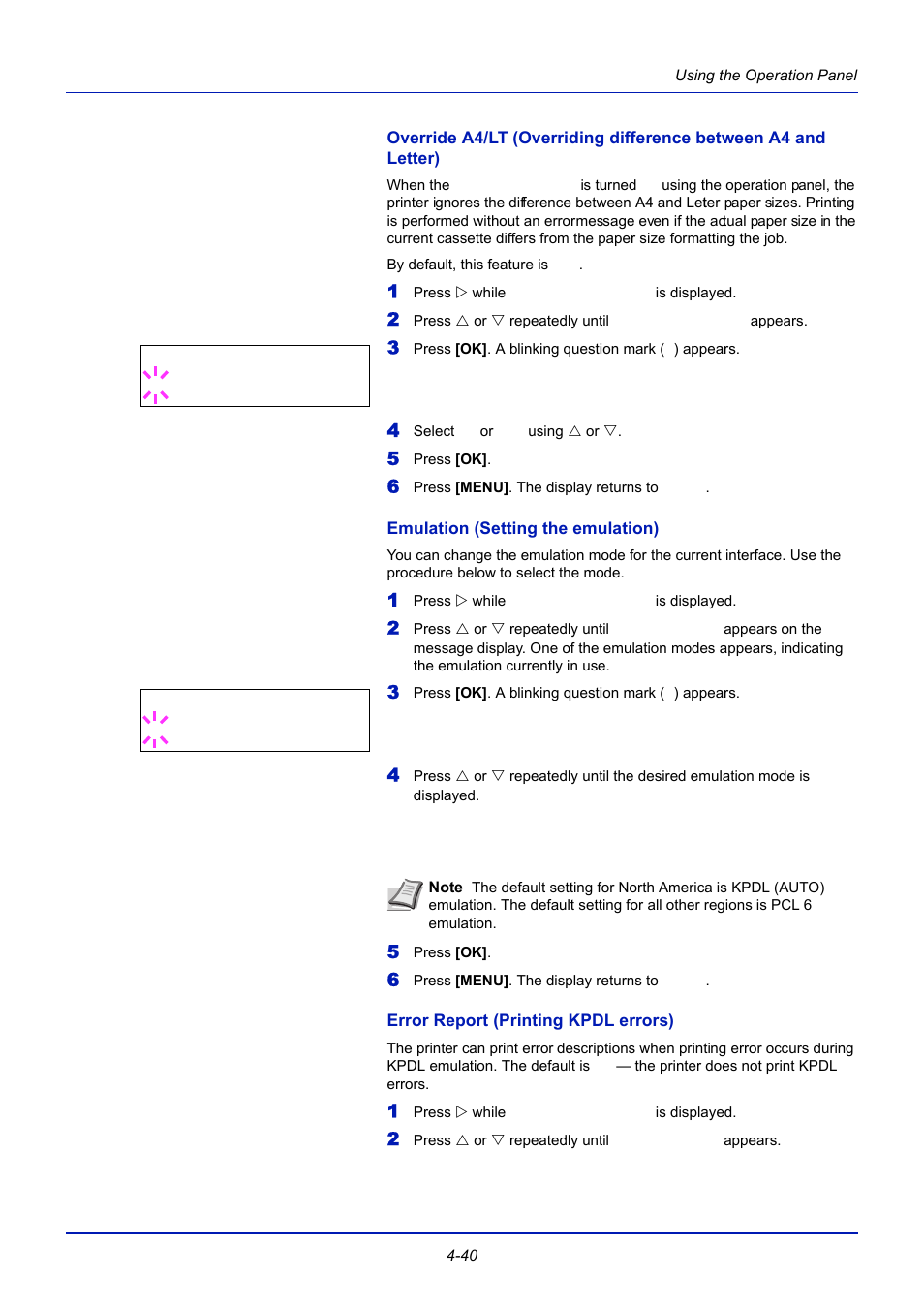 Emulation (setting the emulation), Error report (printing kpdl errors) | TA Triumph-Adler CLP 4721 User Manual | Page 99 / 197