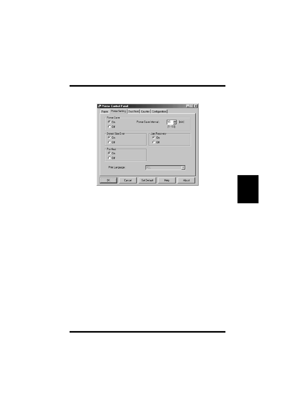 Printer setting, Power save, Detect size error | Jam recovery, Using the control panel printer setting | TA Triumph-Adler LP 218 User Manual | Page 150 / 237