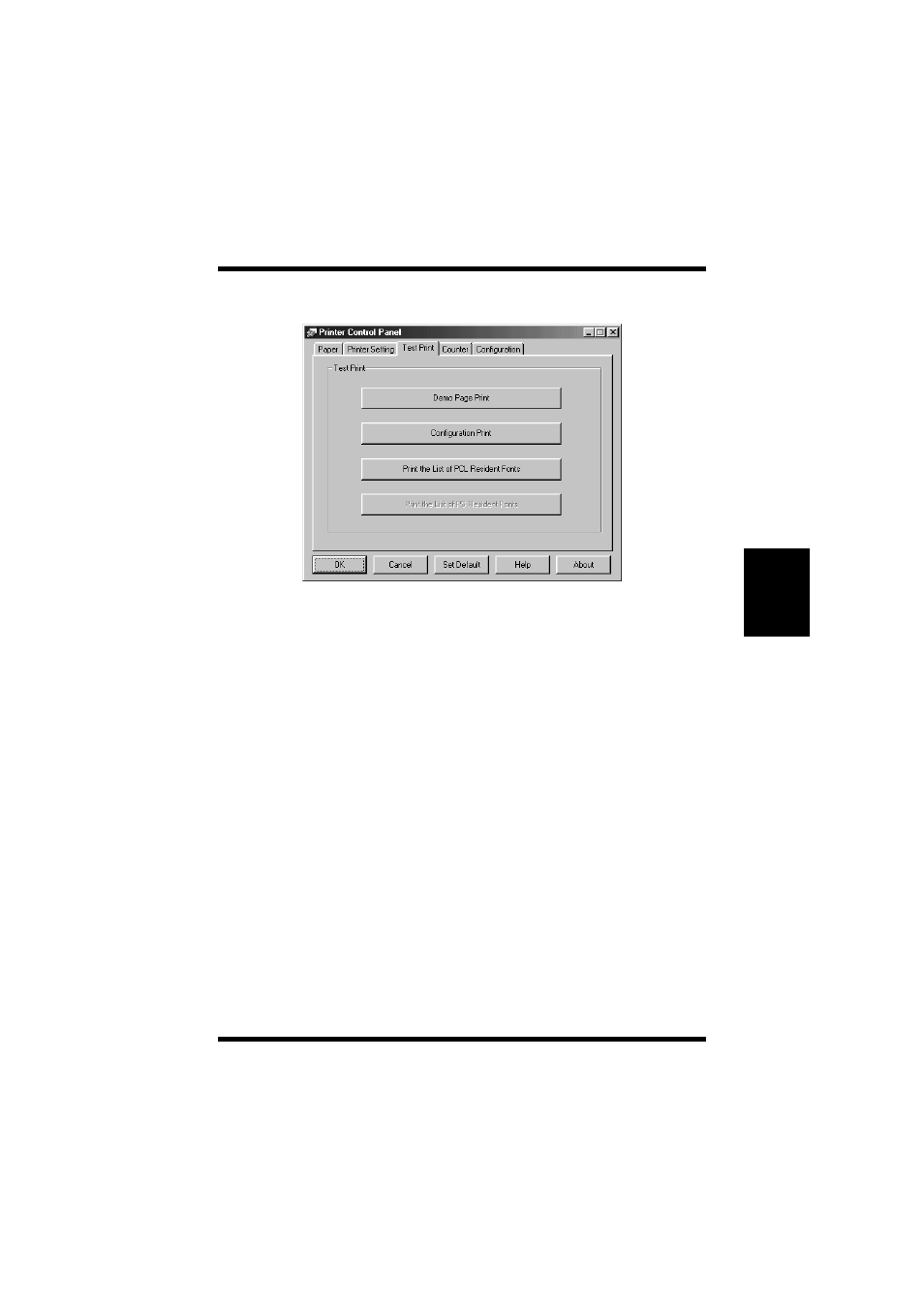 Test print, Configuration print, Print the list of pcl resident fonts | Print the list of ps resident fonts, Using the control panel test print | TA Triumph-Adler LP 218 User Manual | Page 152 / 237