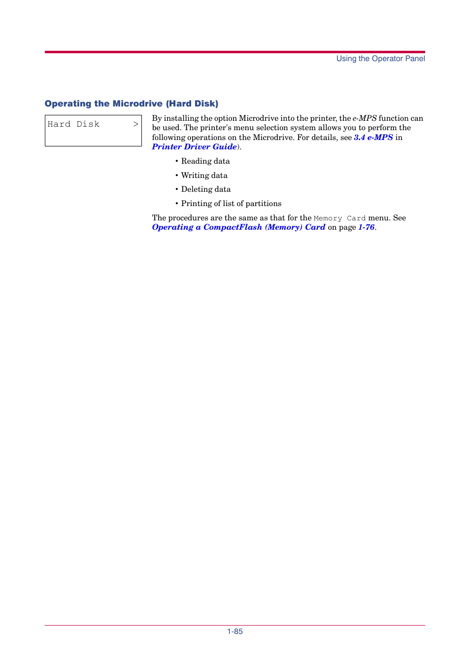 Operating the microdrive (hard disk), Operating the microdrive (hard disk) -85, Hard disk | Read data, Write data, Delete data, List of, Partition | TA Triumph-Adler LP 4024 User Manual | Page 100 / 282