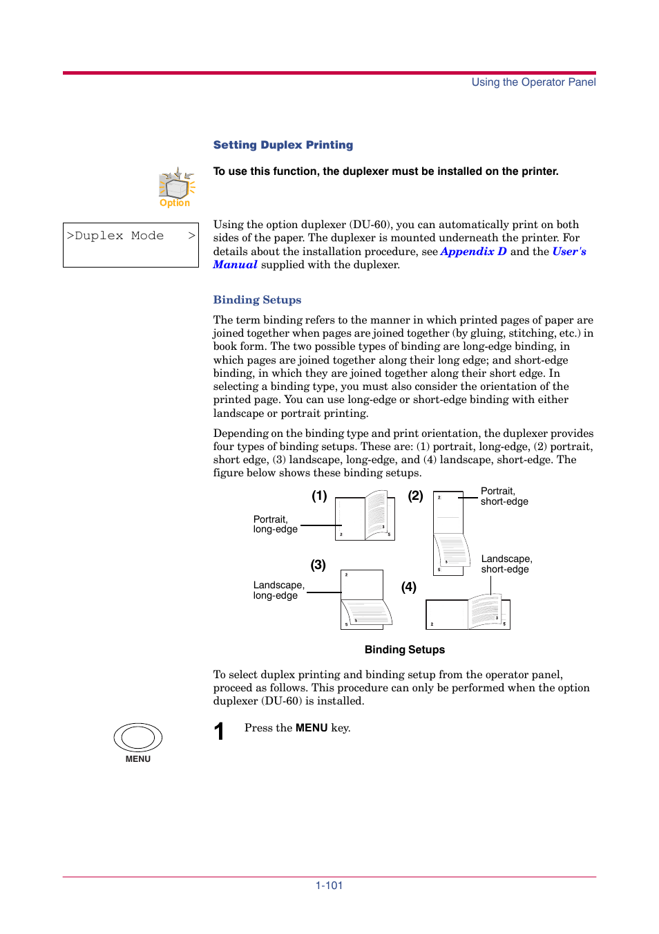 Duplex mode, None | TA Triumph-Adler LP 4024 User Manual | Page 116 / 282