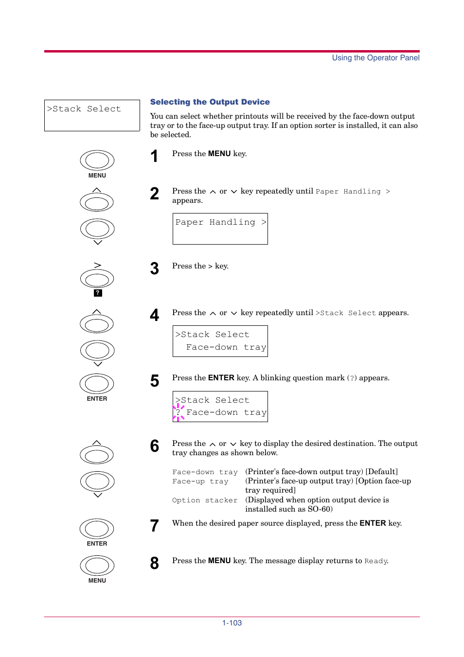 Stack select, Face-down tray | TA Triumph-Adler LP 4024 User Manual | Page 118 / 282