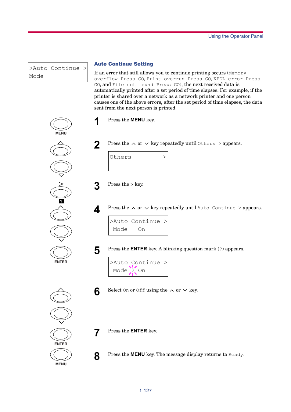 Auto continue, Mode off, Mode on | TA Triumph-Adler LP 4024 User Manual | Page 142 / 282