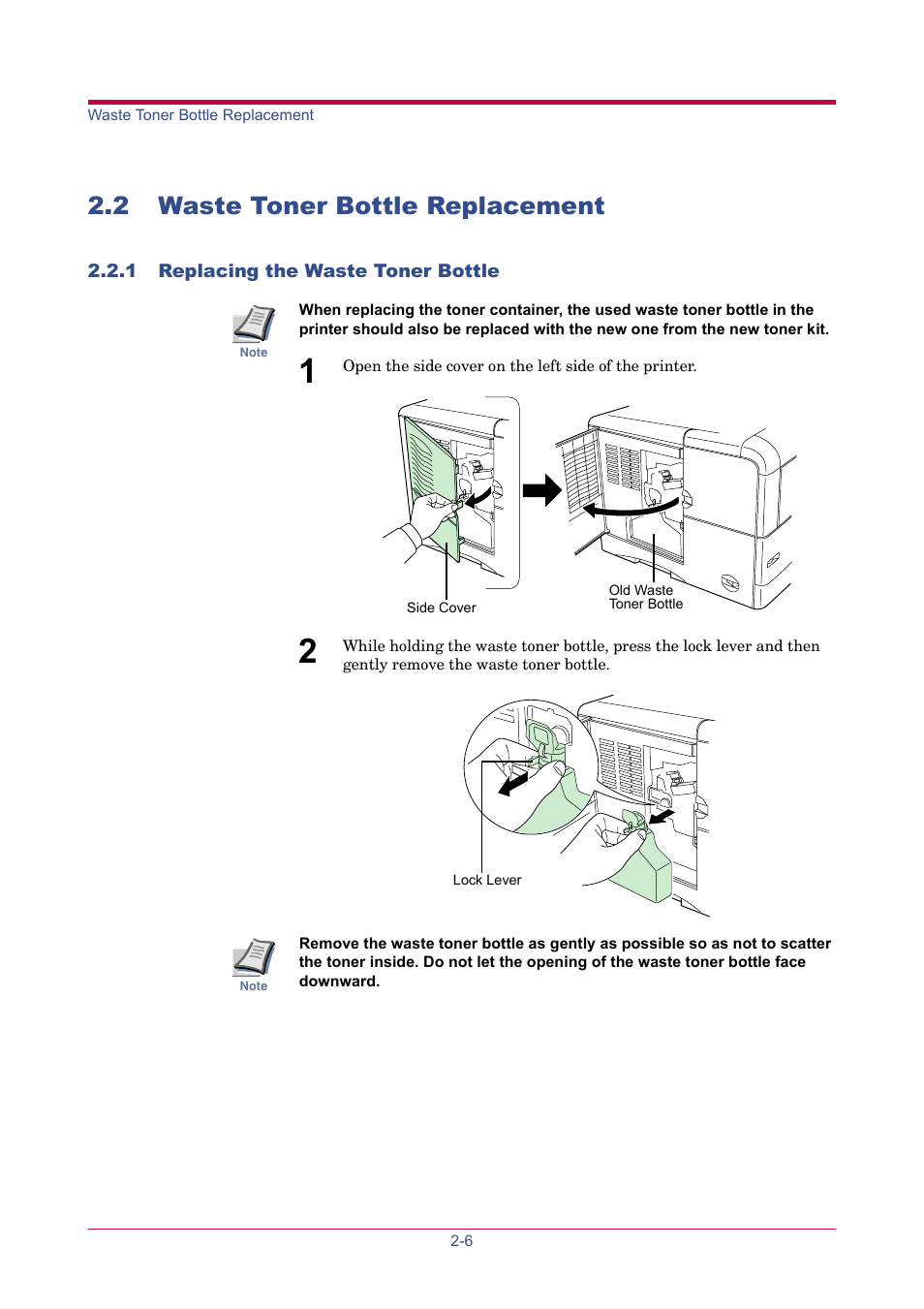 2 waste toner bottle replacement, 1 replacing the waste toner bottle, 2 waste toner bottle replacement -6 | 1 replacing the waste toner bottle -6 | TA Triumph-Adler LP 4024 User Manual | Page 154 / 282