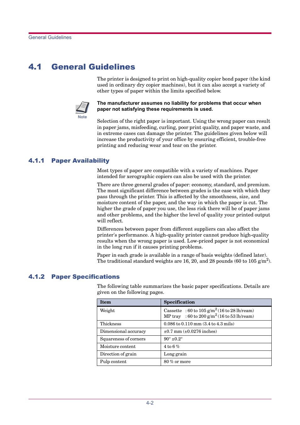 1 general guidelines, 1 paper availability, 2 paper specifications | 1 general guidelines -2, 2 paper specifications -2 | TA Triumph-Adler LP 4024 User Manual | Page 183 / 282