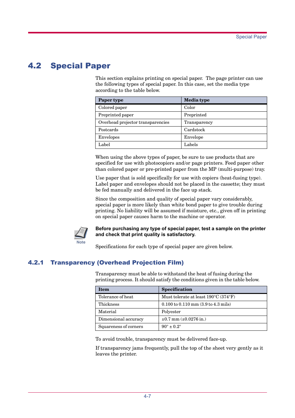 2 special paper, 1 transparency (overhead projection film), 2 special paper -7 | 1 transparency (overhead projection film) -7 | TA Triumph-Adler LP 4024 User Manual | Page 188 / 282