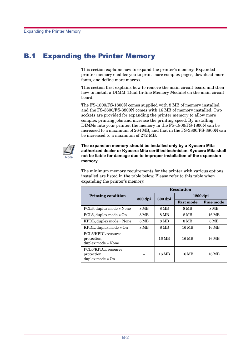 B.1 expanding the printer memory | TA Triumph-Adler LP 4024 User Manual | Page 200 / 282
