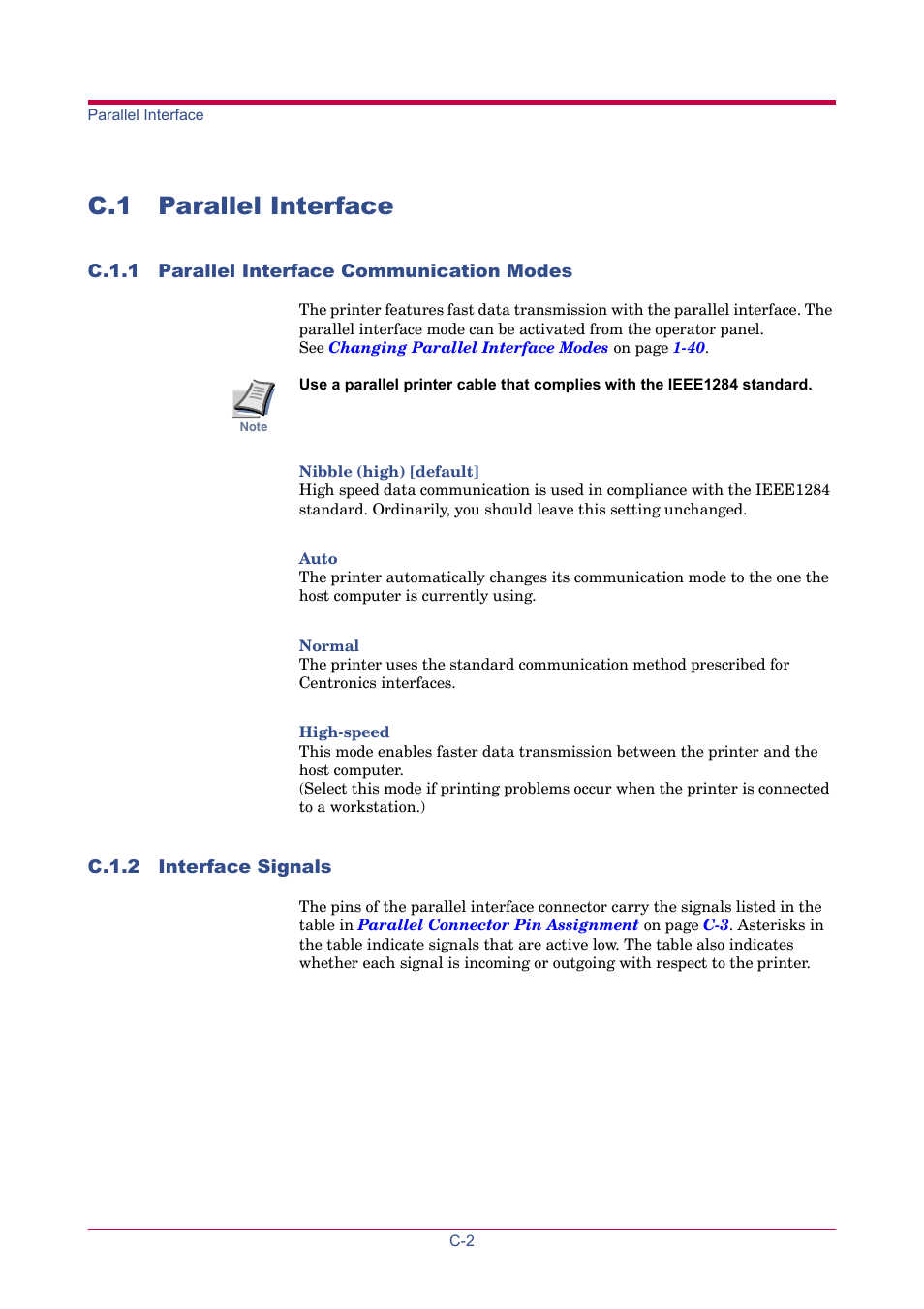 C.1 parallel interface, C.1.1 parallel interface communication modes, C.1.2 interface signals | Parallel interface | TA Triumph-Adler LP 4024 User Manual | Page 206 / 282