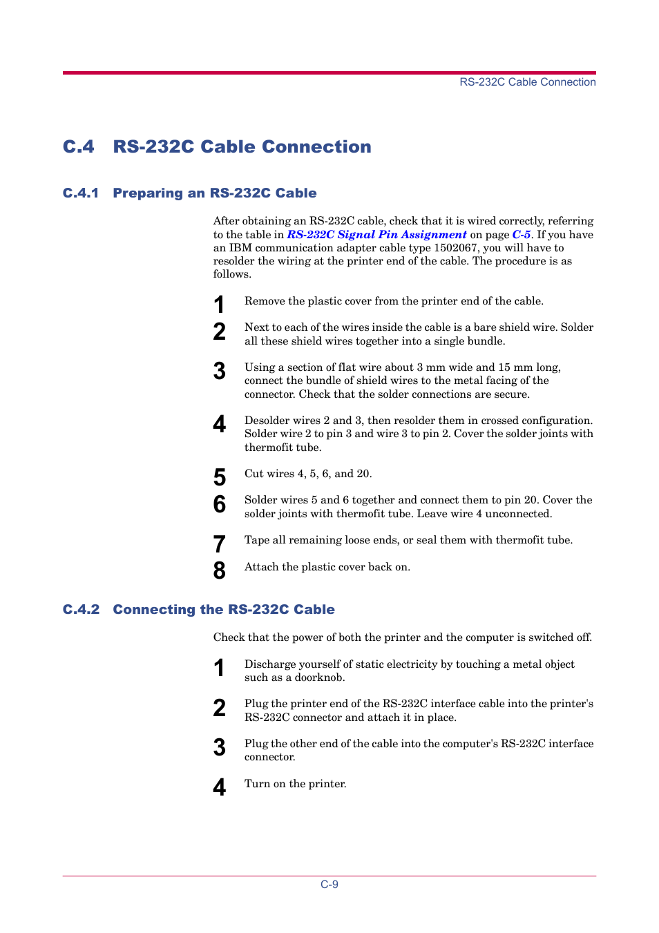 C.4 rs-232c cable connection, C.4.1 preparing an rs-232c cable, C.4.2 connecting the rs-232c cable | Rs-232c cable connection | TA Triumph-Adler LP 4024 User Manual | Page 213 / 282