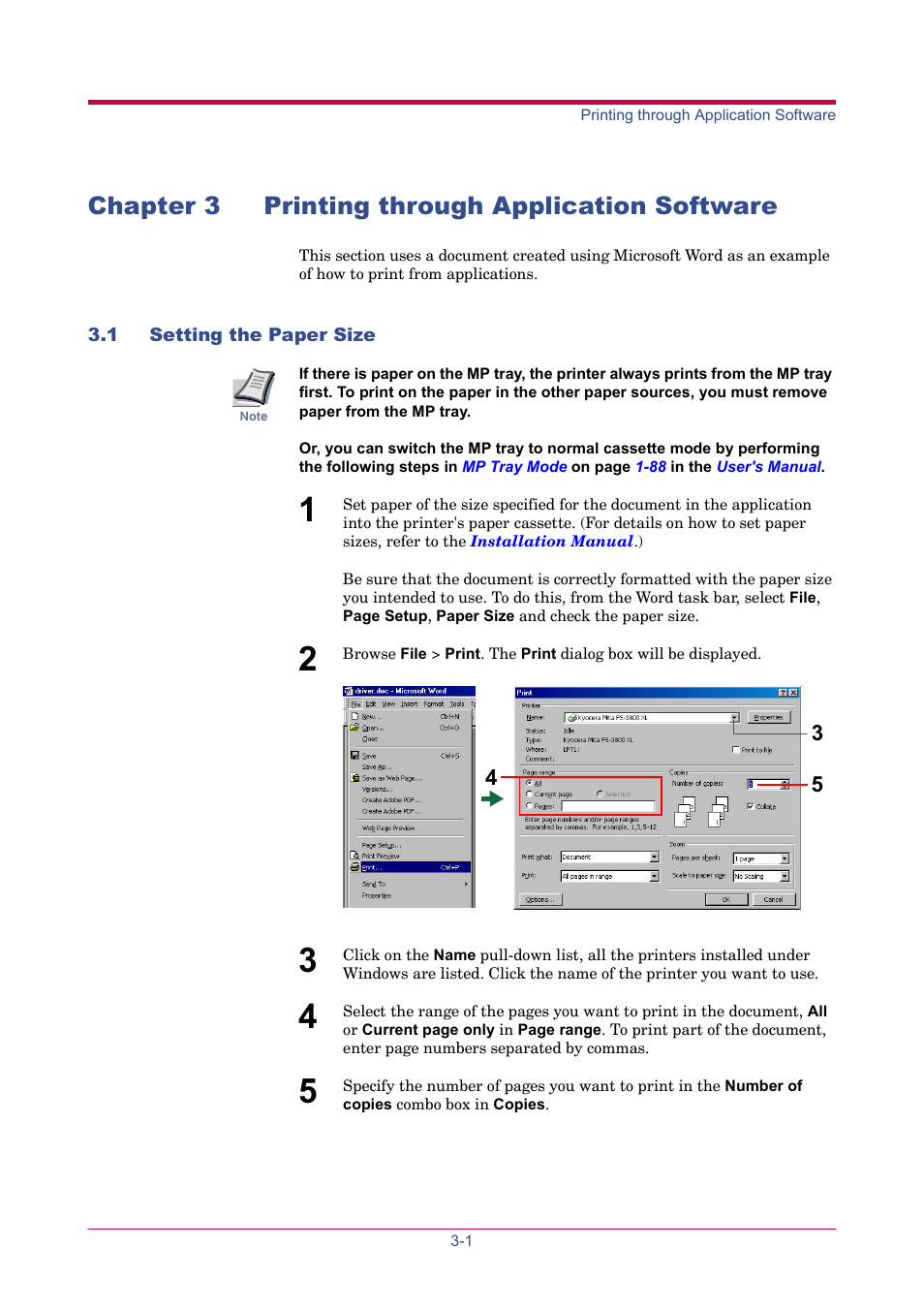 Chapter 3 printing through application software, 1 setting the paper size, Chapter 3 printing through application software -1 | 1 setting the paper size -1, Chapter 3, Printing through application | TA Triumph-Adler LP 4024 User Manual | Page 257 / 282