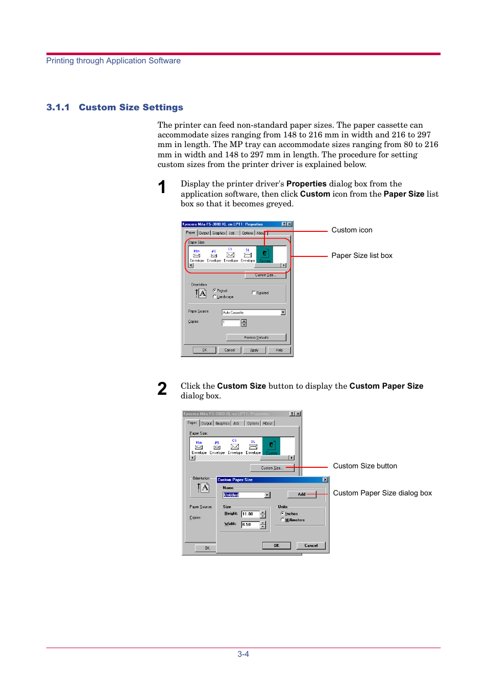 1 custom size settings, 1 custom size setting, Printer driver guide | 1 custom size settings -4, 1 custom, Size settings | TA Triumph-Adler LP 4024 User Manual | Page 260 / 282