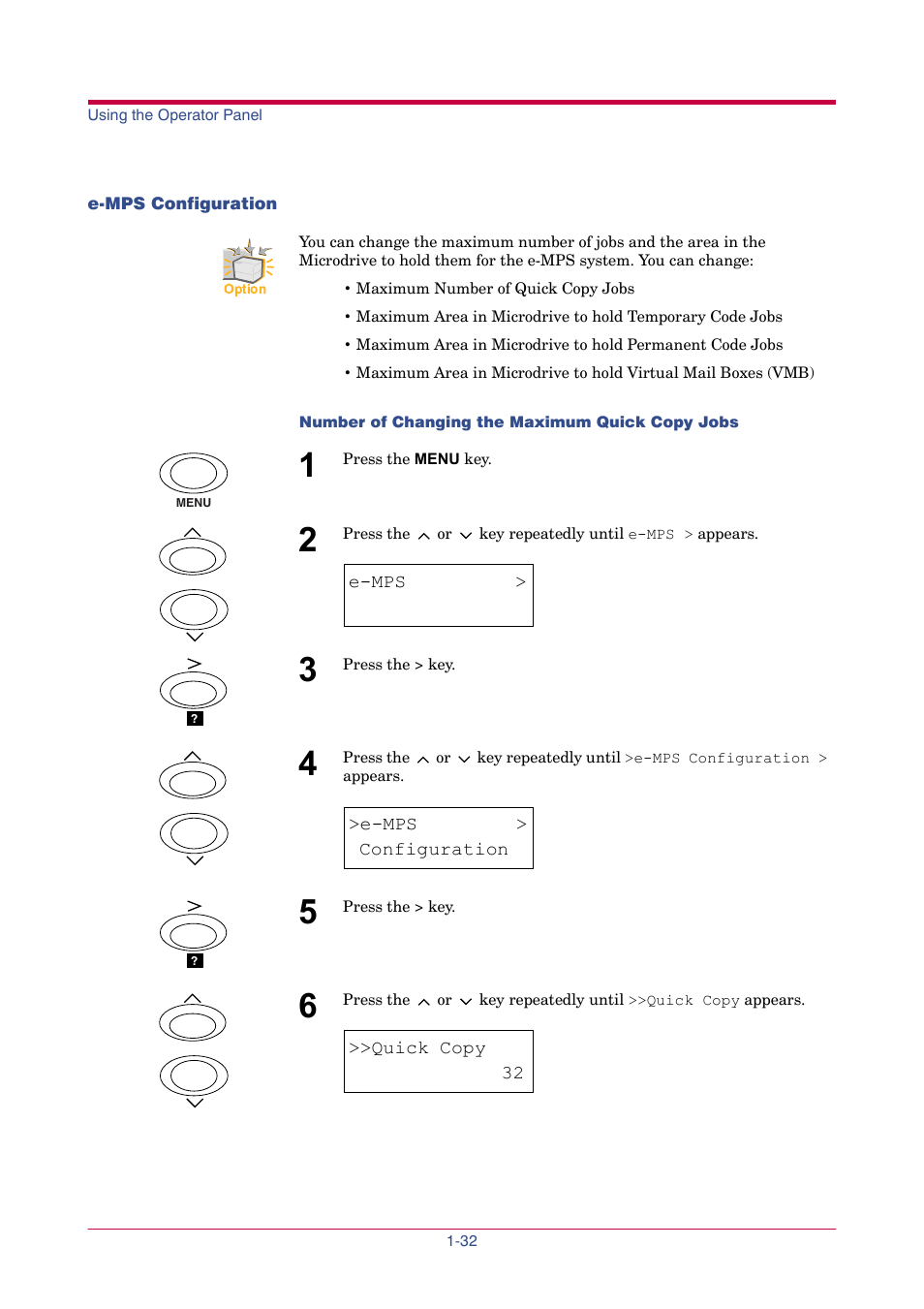 E-mps configuration, E-mps configuration -32, E-mps | Configuration, Quick copy | TA Triumph-Adler LP 4024 User Manual | Page 47 / 282