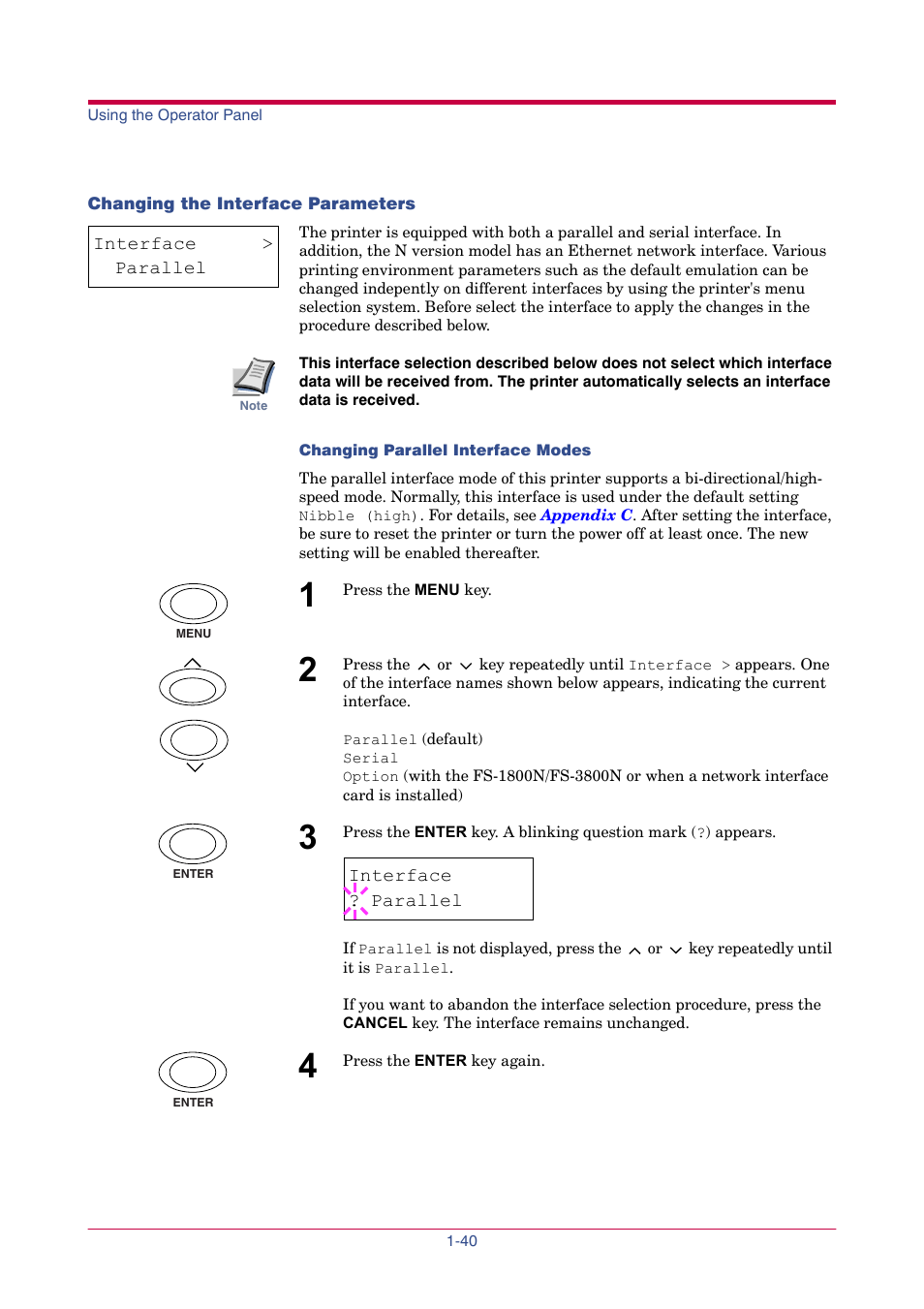 Changing the interface parameters, Changing the interface parameters -40, Parallel i/f | High speed, Normal, Auto, Nibble (high), Interface | TA Triumph-Adler LP 4024 User Manual | Page 55 / 282