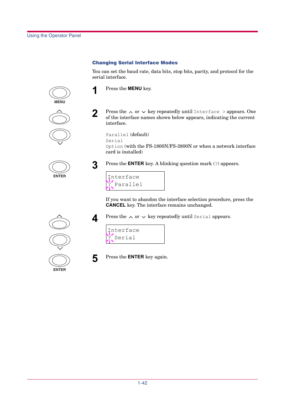 Interface, Parallel, Data bits | Stop bits, Protocol, Dtr (pos.)&xon, Parity, None, Baud rate, Barcode mode | TA Triumph-Adler LP 4024 User Manual | Page 57 / 282