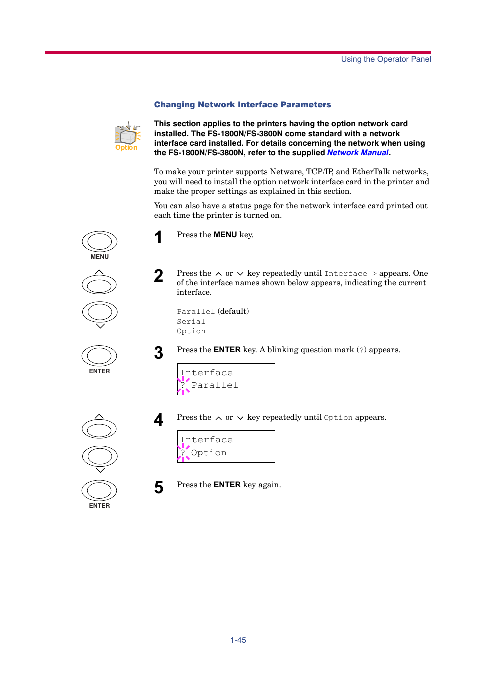 Netware, Interface, Option | Serial, Tcp/ip, Ether talk, Netware frame, Auto, Dhcp, Ip address | TA Triumph-Adler LP 4024 User Manual | Page 60 / 282