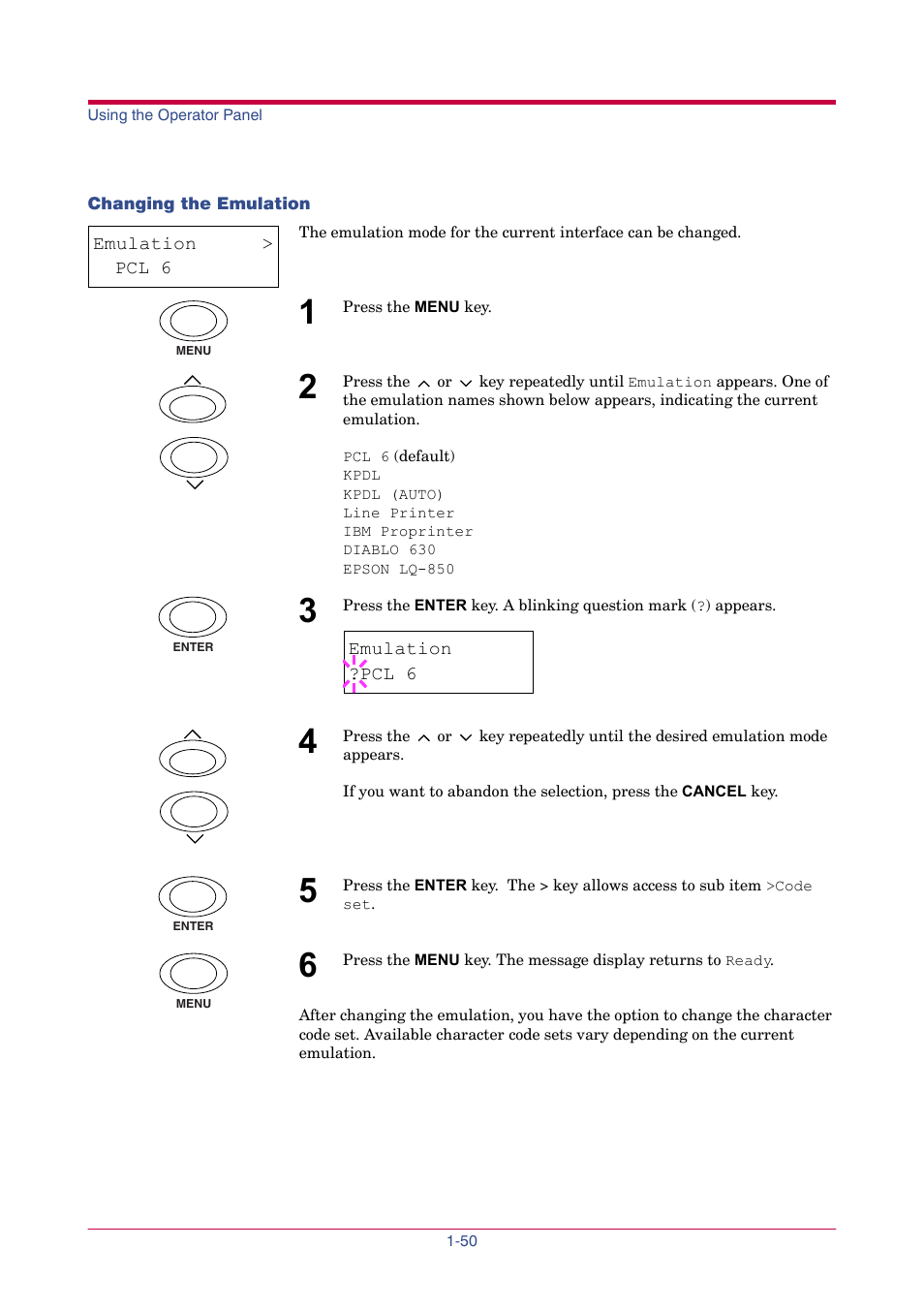 Changing the emulation, Changing the emulation -50, Emulation | Line printer, Print kpdl errs, Pcl 6, Kpdl, Kpdl (auto), Diablo 630, Epson lq-850 | TA Triumph-Adler LP 4024 User Manual | Page 65 / 282