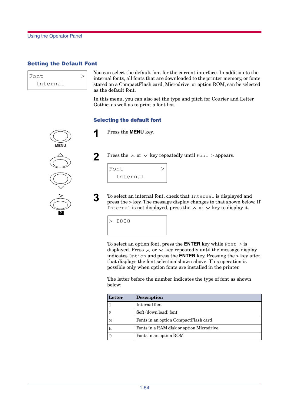 Setting the default font, Setting the default font -54, Font | Option, Internal, I000 | TA Triumph-Adler LP 4024 User Manual | Page 69 / 282