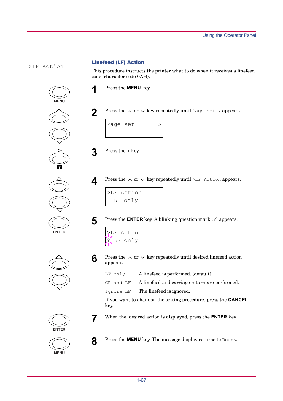 Lf action, Ignore lf, Cr and lf | Lf only | TA Triumph-Adler LP 4024 User Manual | Page 82 / 282