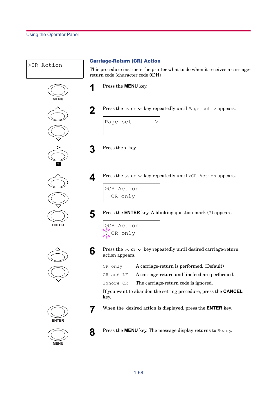 Cr action, Ignore cr, Cr and lf | Cr only | TA Triumph-Adler LP 4024 User Manual | Page 83 / 282