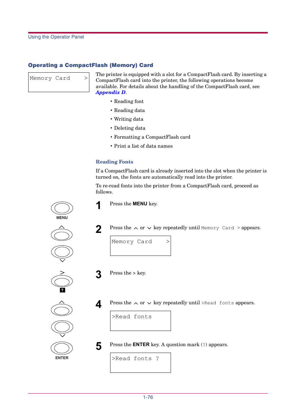 Operating a compactflash (memory) card, Operating a compactflash (memory) card -76, Read fonts | Memory card, Read data | TA Triumph-Adler LP 4024 User Manual | Page 91 / 282