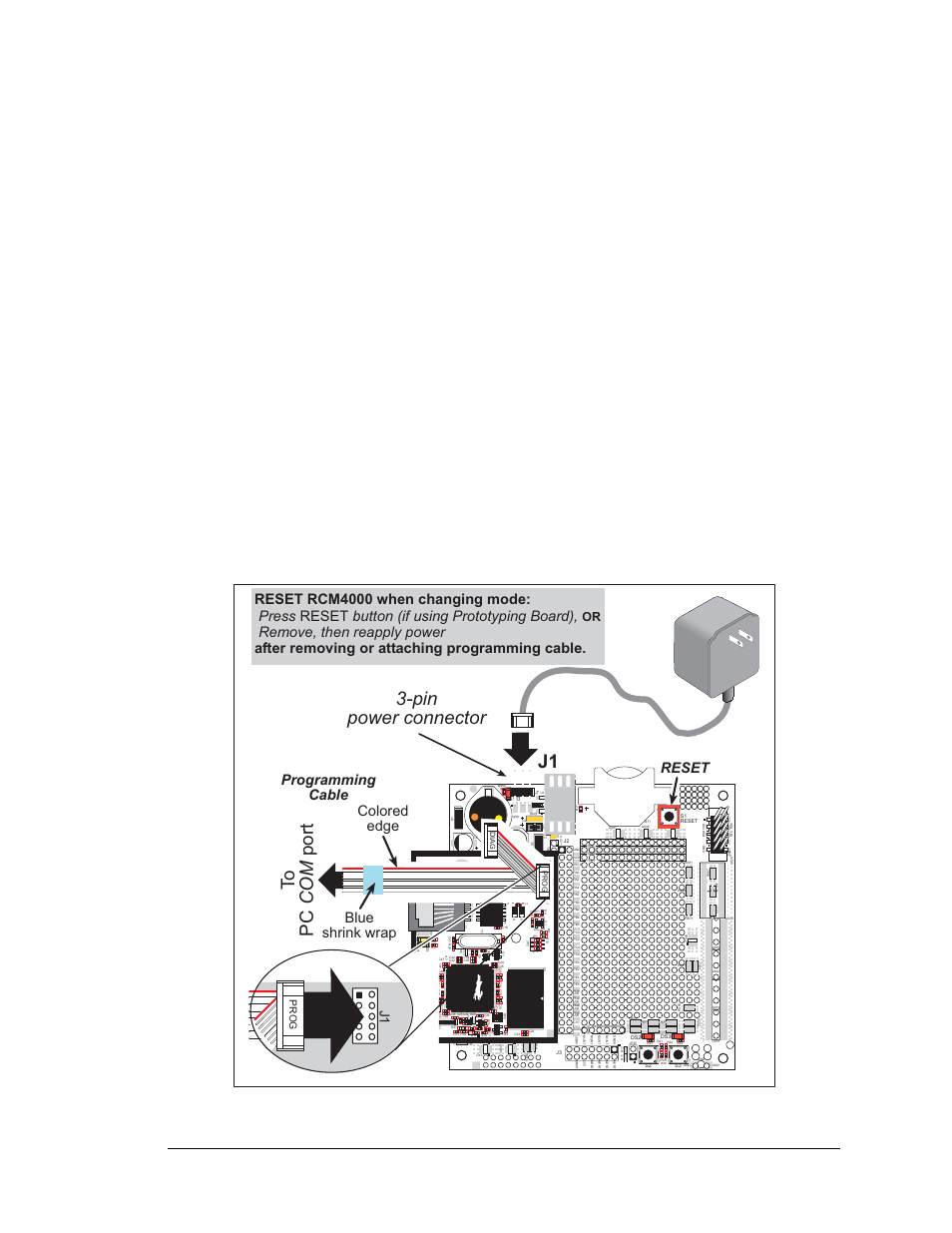 3 programming cable, 1 changing between program mode and run mode, Pin power connector j1 | Prog, Diag, User’s manual 33, Reset, Colored edge, Blue shrink wrap, Programming cable | Digi RCM4000 User Manual | Page 39 / 124