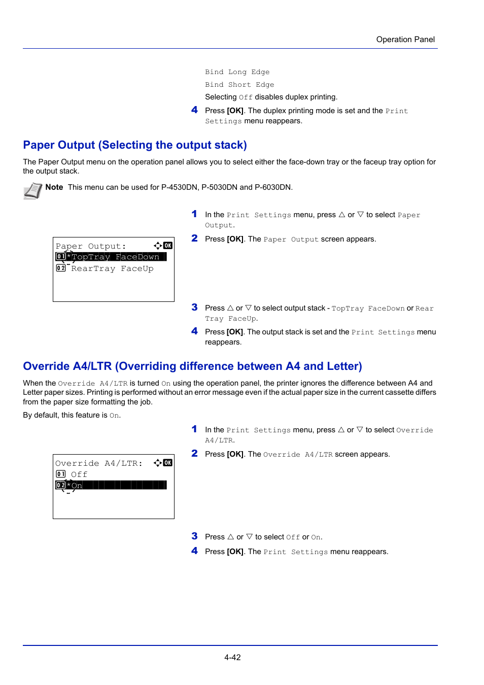 Paper output (selecting the output stack), Paper output (selecting the output stack) -42 | TA Triumph-Adler P-4030D User Manual | Page 102 / 312