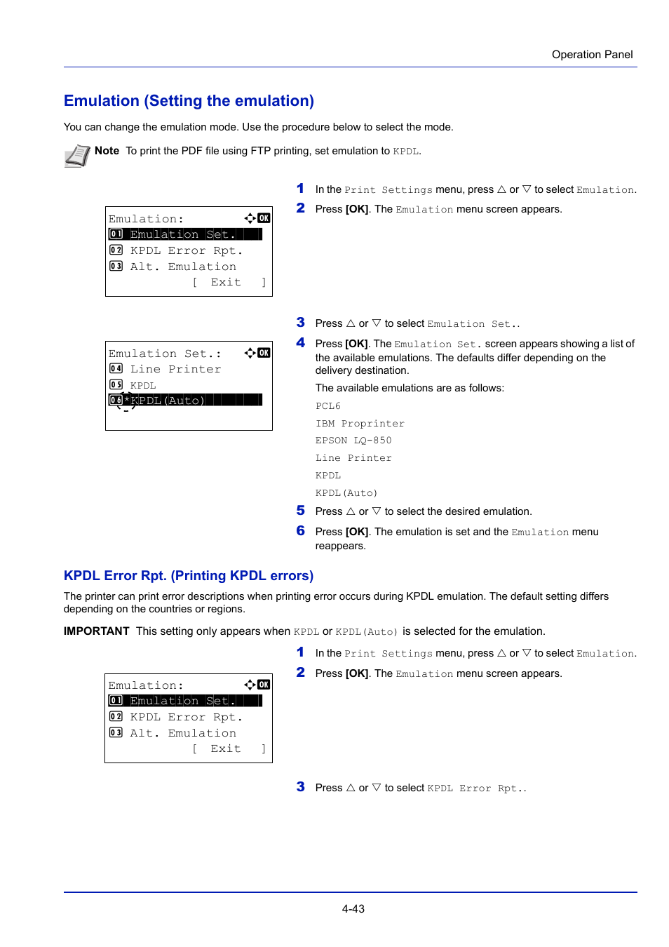 Emulation (setting the emulation), Emulation (setting the emulation) -43 | TA Triumph-Adler P-4030D User Manual | Page 103 / 312