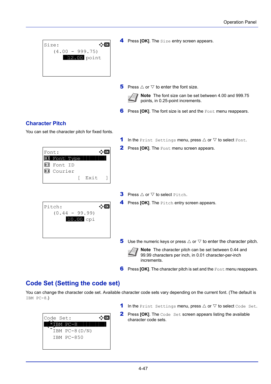 Code set (setting the code set), Code set (setting the code set) -47, Character pitch -47 | TA Triumph-Adler P-4030D User Manual | Page 107 / 312