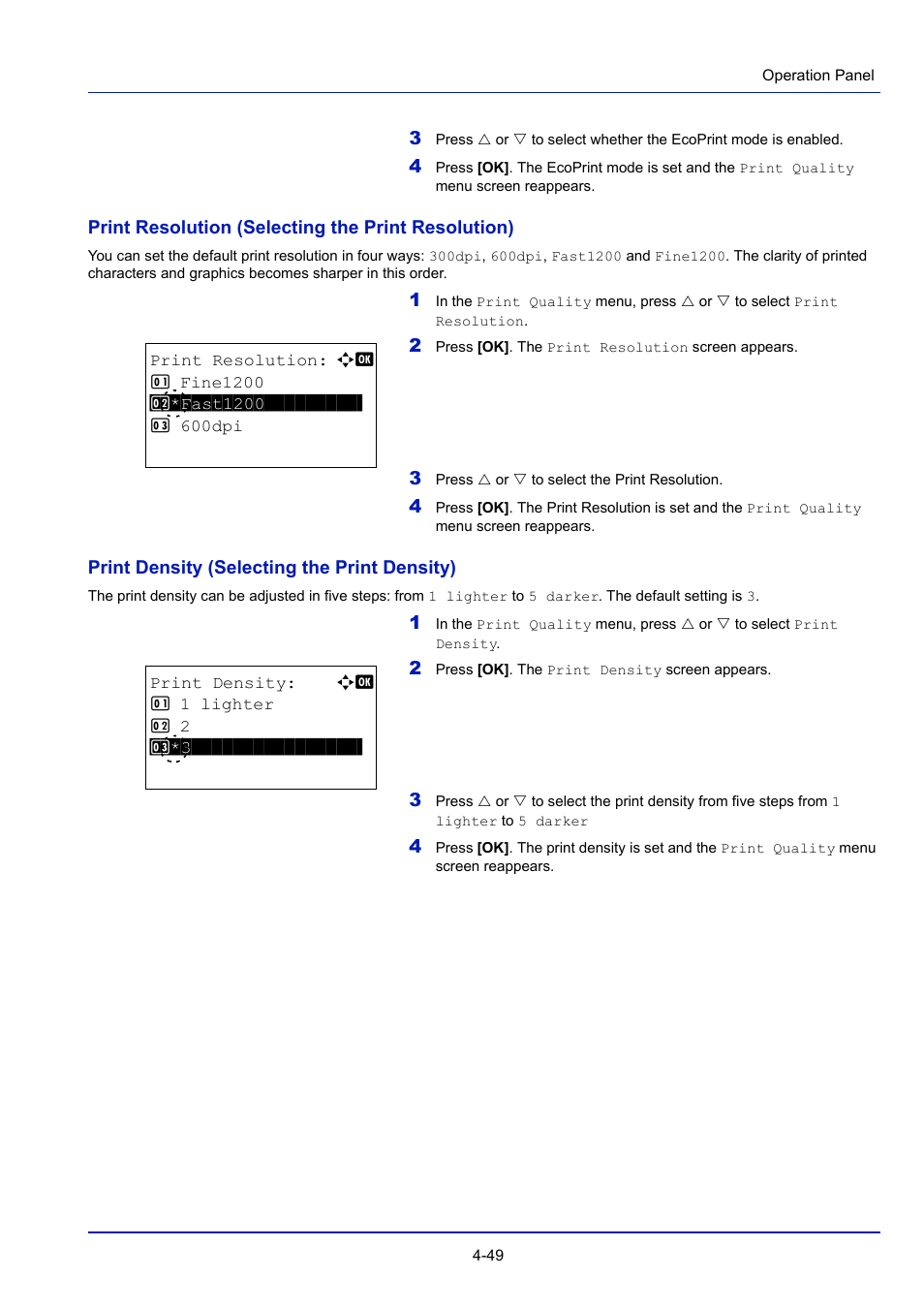 Print density (selecting the print density) -49 | TA Triumph-Adler P-4030D User Manual | Page 109 / 312