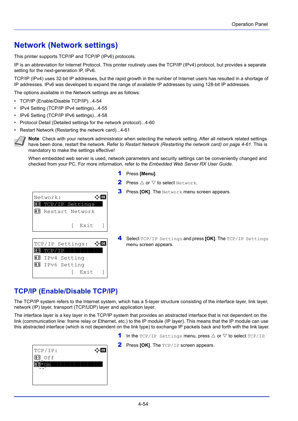 Network (network settings), Tcp/ip (enable/disable tcp/ip), Network (network settings) -54 | Etwork -54 | TA Triumph-Adler P-4030D User Manual | Page 114 / 312