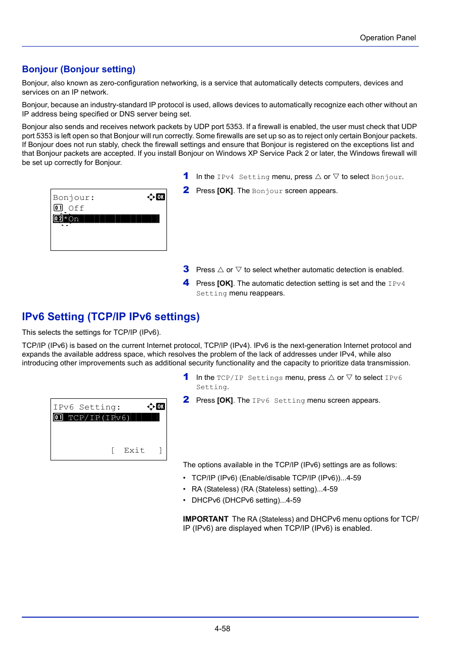 Ipv6 setting (tcp/ip ipv6 settings), Ipv6 setting (tcp/ip ipv6 settings) -58, Bonjour (bonjour setting) -58 | TA Triumph-Adler P-4030D User Manual | Page 118 / 312