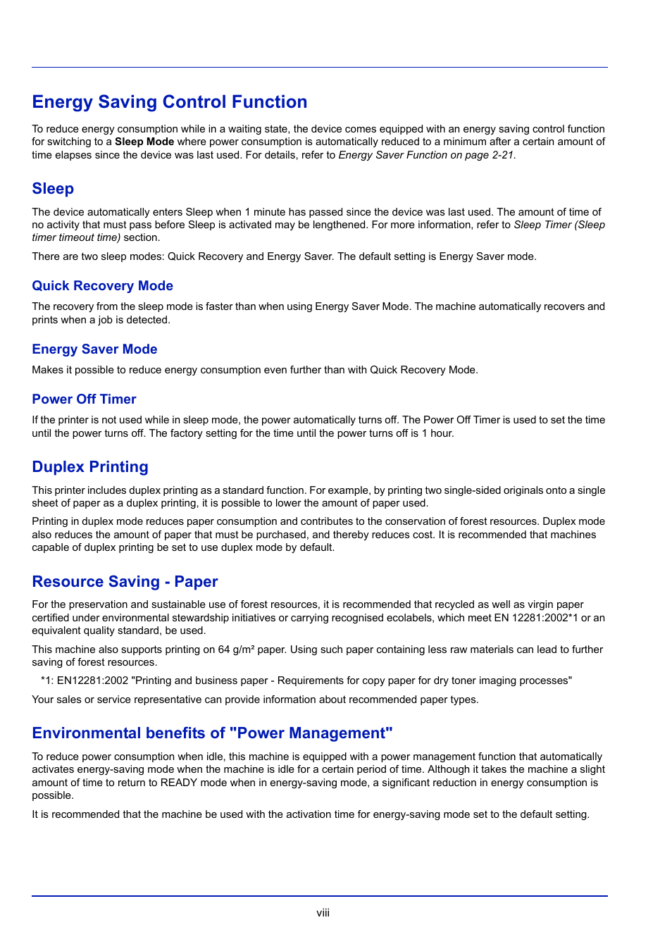 Energy saving control function, Sleep, Duplex printing | Resource saving - paper, Environmental benefits of "power management | TA Triumph-Adler P-4030D User Manual | Page 12 / 312