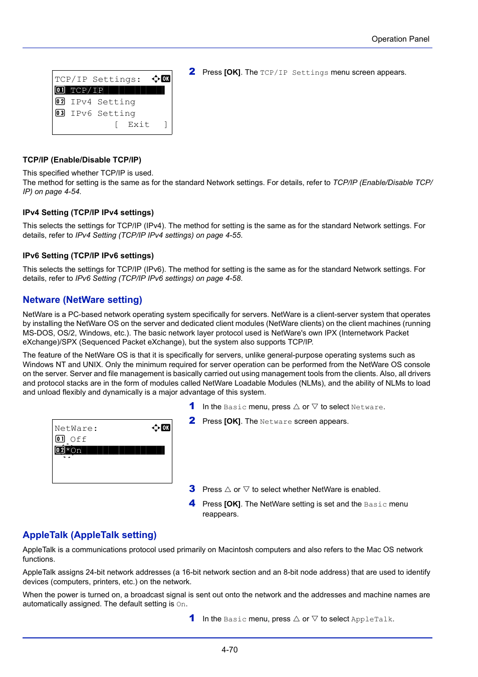 Netware (netware setting) -70, Appletalk (appletalk setting) -70, Tcp/ip (enable/disable tcp/ip) | Ipv4 setting (tcp/ip ipv4 settings), Ipv6 setting (tcp/ip ipv6 settings) | TA Triumph-Adler P-4030D User Manual | Page 130 / 312