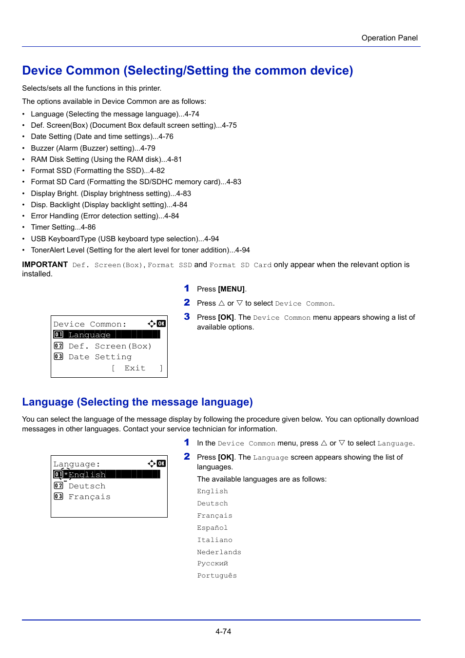 Language (selecting the message language), E common -74 | TA Triumph-Adler P-4030D User Manual | Page 134 / 312