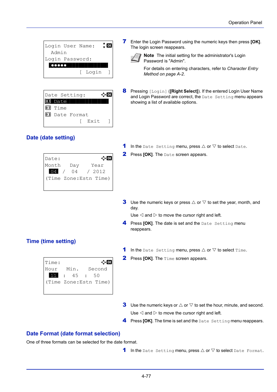 Date (date setting) -77, Time (time setting) -77, Date format (date format selection) -77 | TA Triumph-Adler P-4030D User Manual | Page 137 / 312