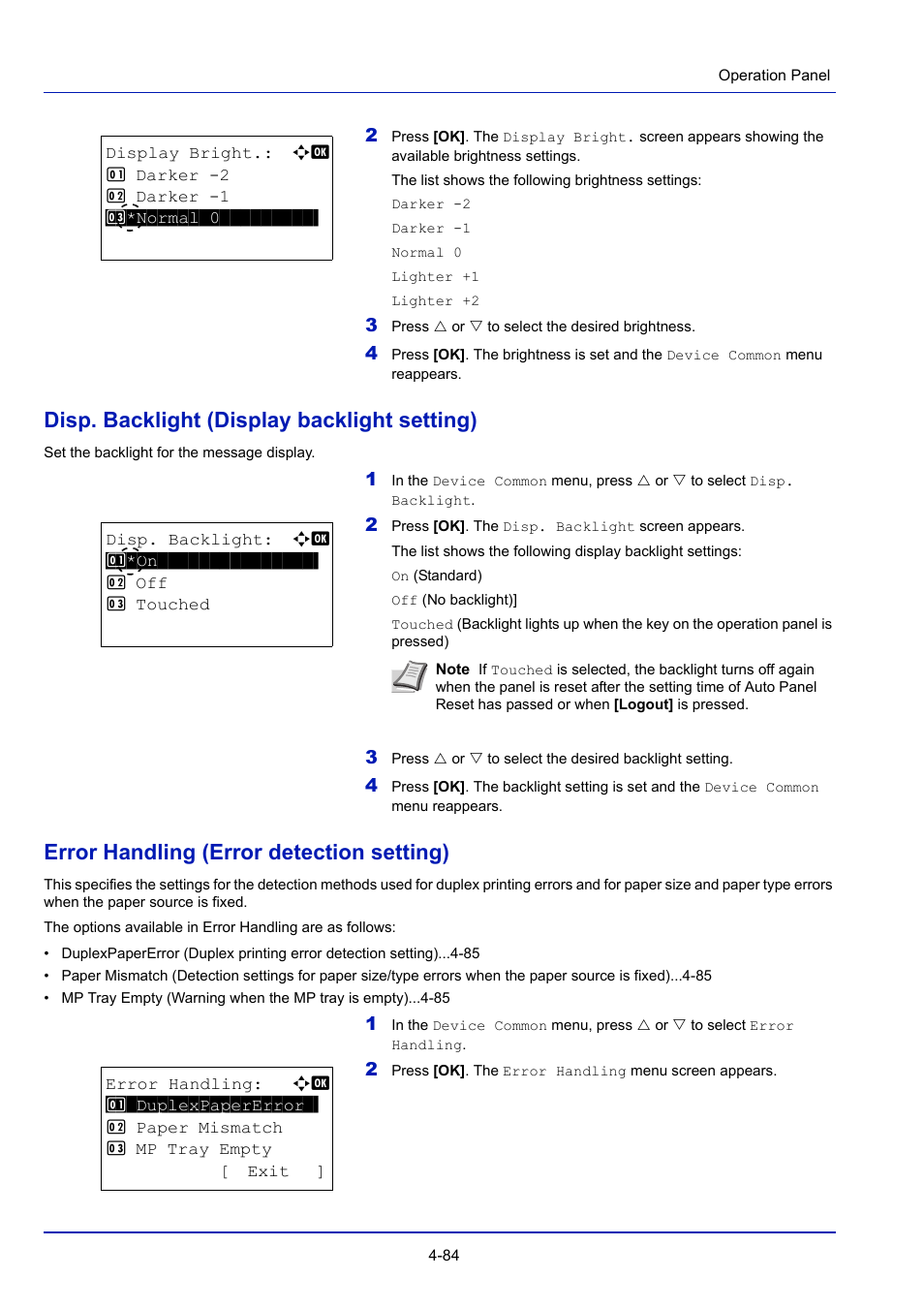 Disp. backlight (display backlight setting), Error handling (error detection setting), Disp. backlight (display backlight setting) -84 | Error handling (error detection setting) -84 | TA Triumph-Adler P-4030D User Manual | Page 144 / 312