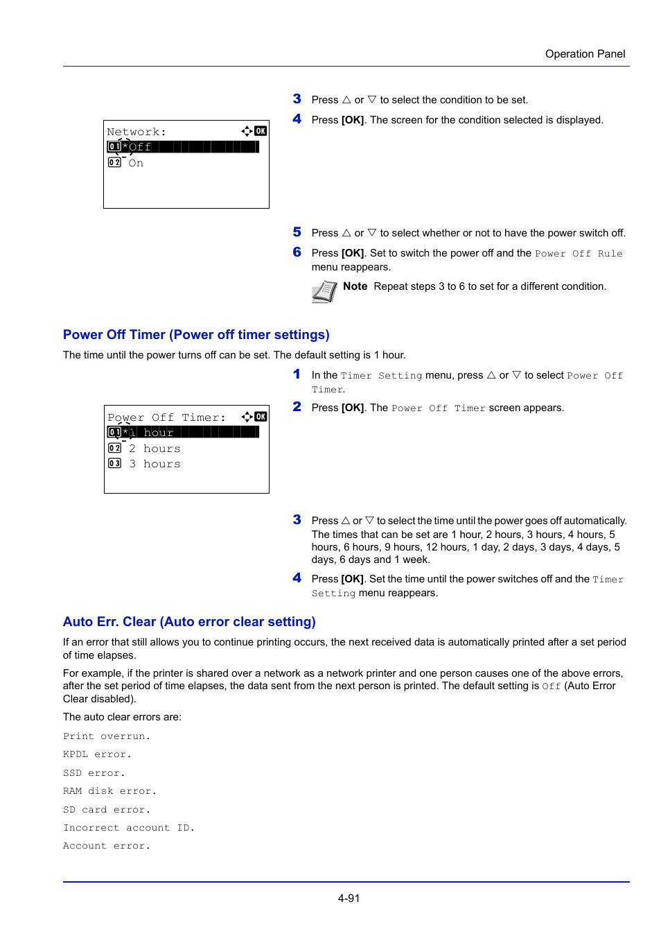 Power off timer (power off timer settings) -91, Auto err. clear (auto error clear setting) -91 | TA Triumph-Adler P-4030D User Manual | Page 151 / 312