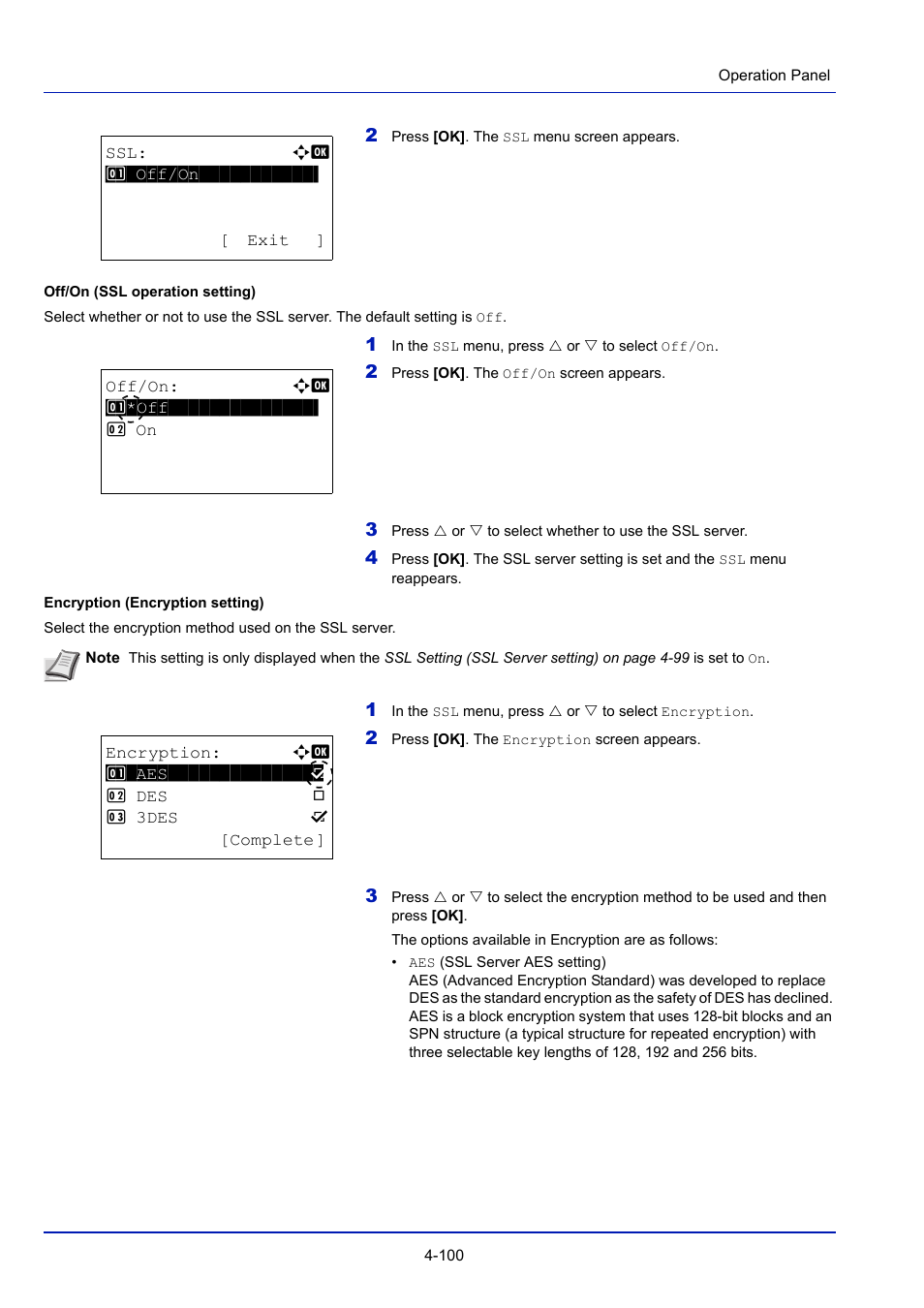 Off/on (ssl operation setting) -100, Encryption (encryption setting) -100 | TA Triumph-Adler P-4030D User Manual | Page 160 / 312