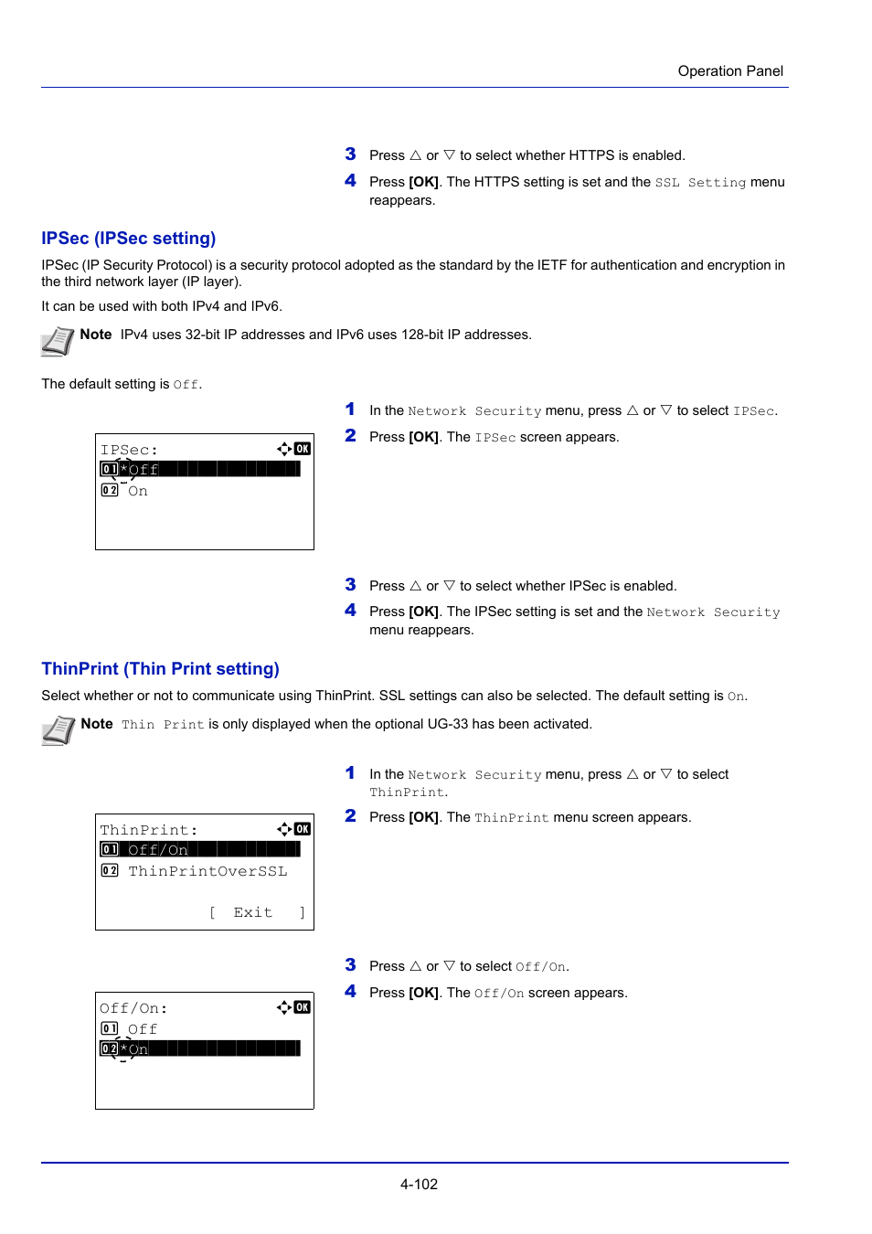 Ipsec (ipsec setting) -102, Thinprint (thin print setting) -102 | TA Triumph-Adler P-4030D User Manual | Page 162 / 312