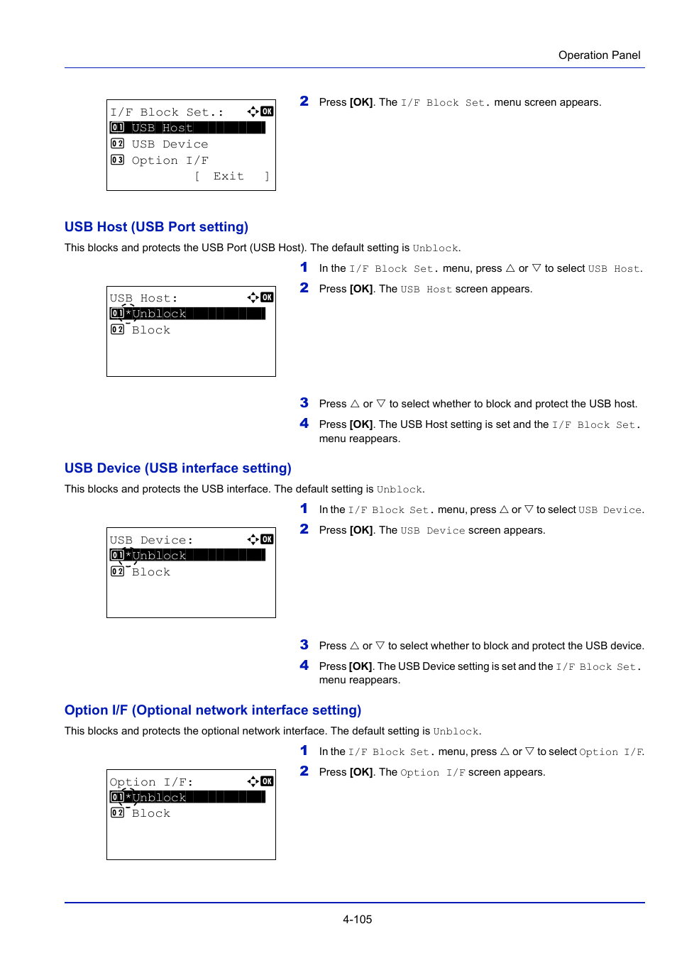 Usb host (usb port setting) -105, Usb device (usb interface setting) -105 | TA Triumph-Adler P-4030D User Manual | Page 165 / 312