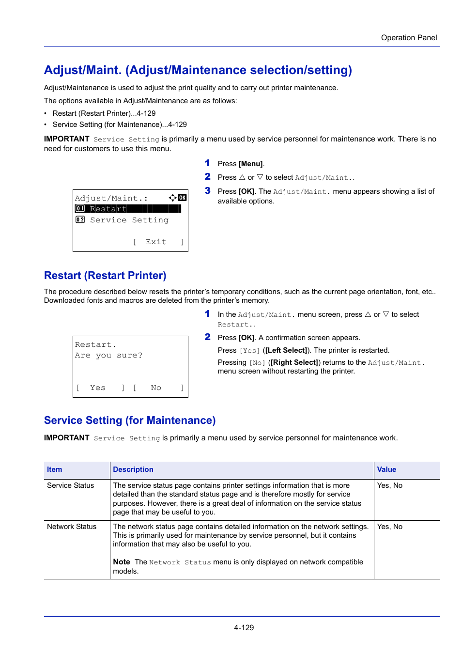 Restart (restart printer), Service setting (for maintenance), T -129 | TA Triumph-Adler P-4030D User Manual | Page 189 / 312