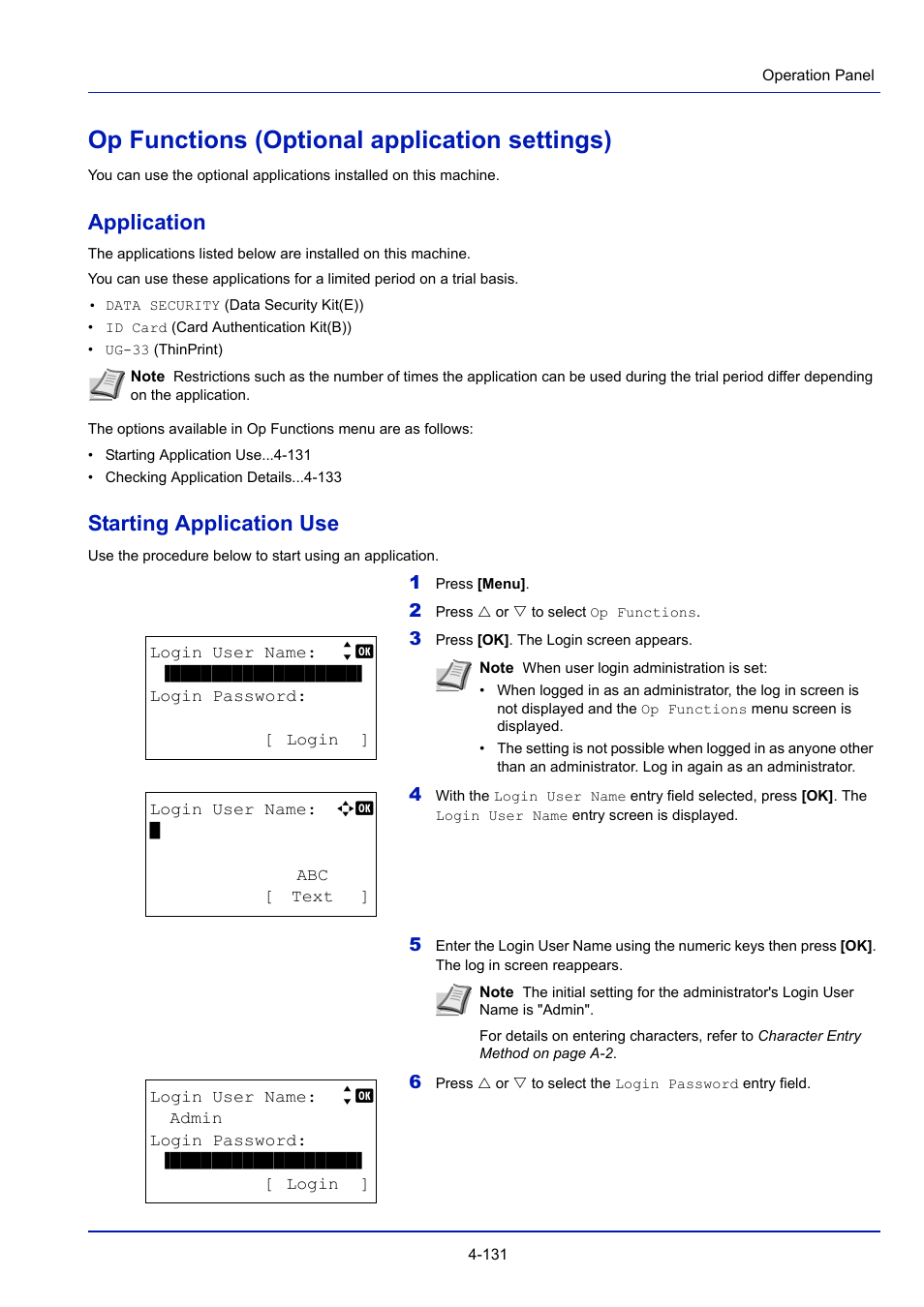 Op functions (optional application settings), Application, Starting application use | Op functions (optional application settings) -131, P functions -131 | TA Triumph-Adler P-4030D User Manual | Page 191 / 312