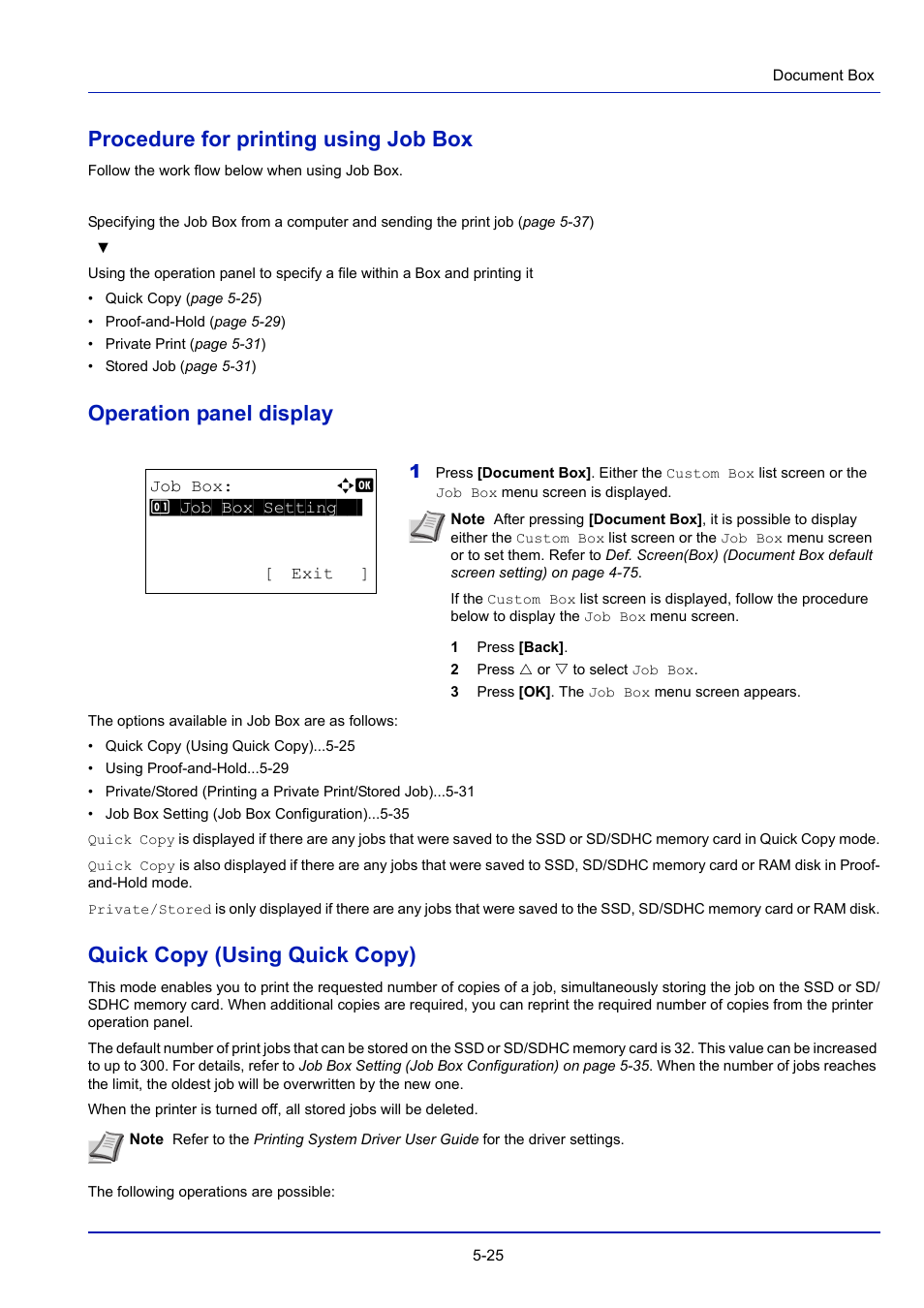 Procedure for printing using job box, Operation panel display, Quick copy (using quick copy) | TA Triumph-Adler P-4030D User Manual | Page 219 / 312