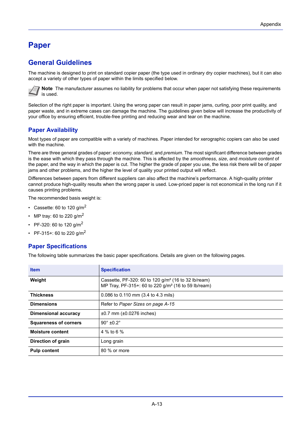 Paper, General guidelines, Paper availability | Paper specifications | TA Triumph-Adler P-4030D User Manual | Page 285 / 312